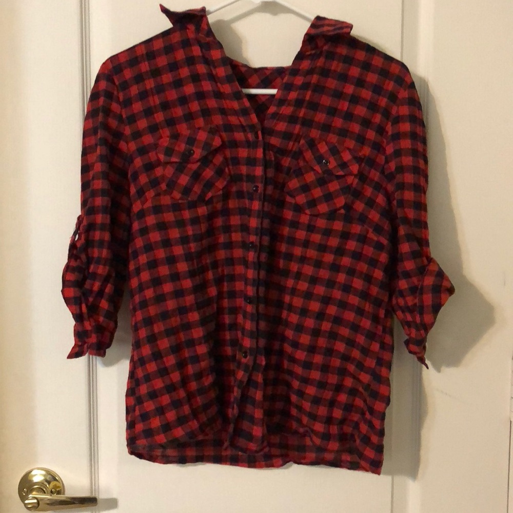 Poetry red and black plaid button down shirt
